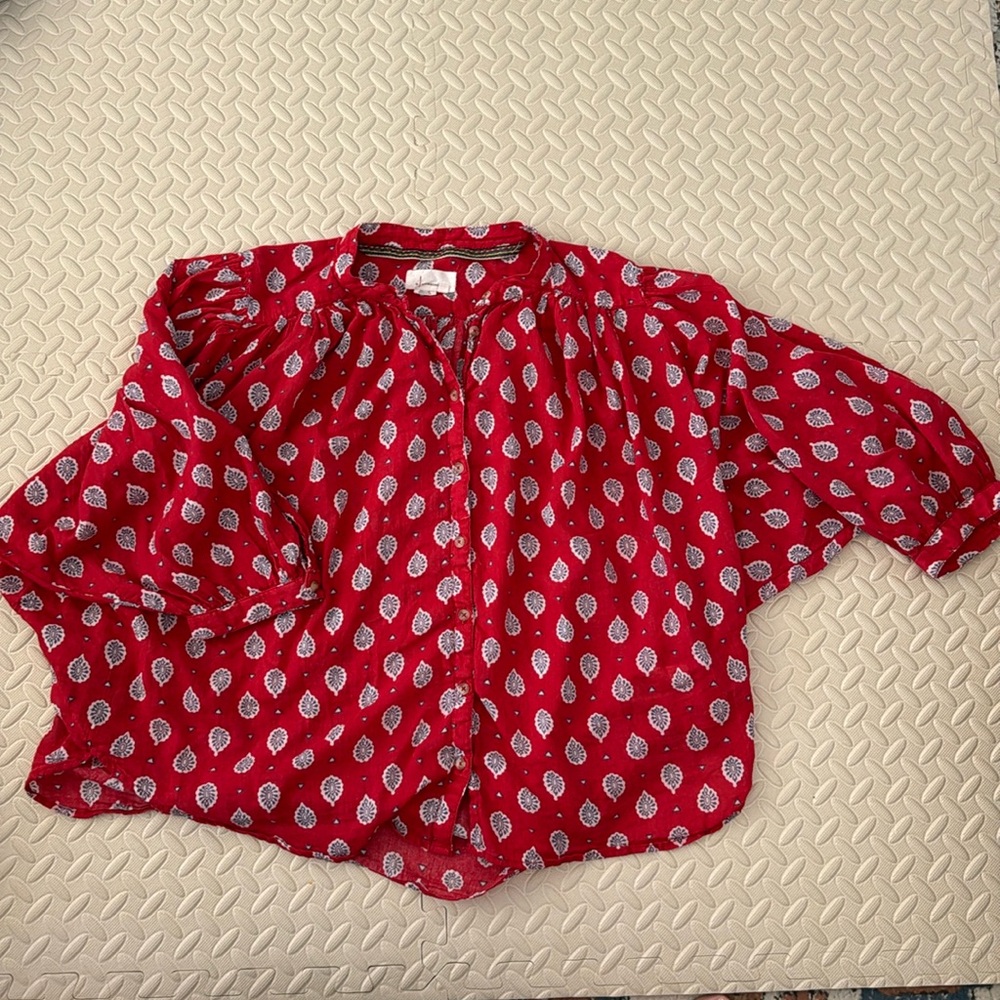 Anthropologie Red Blouse with White Pattern